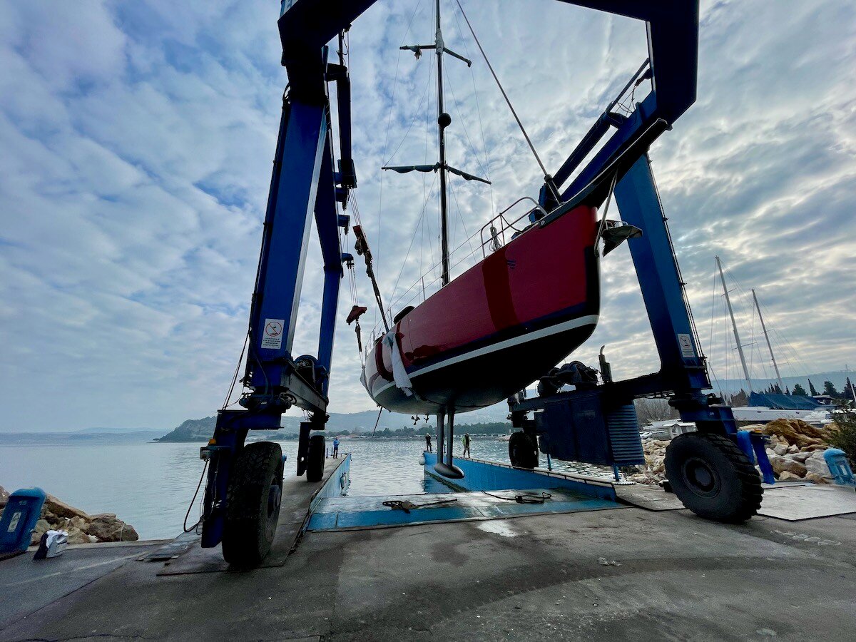 The Pegasus 50 yacht launch at the marina just before she would touch the water with tandem keel.