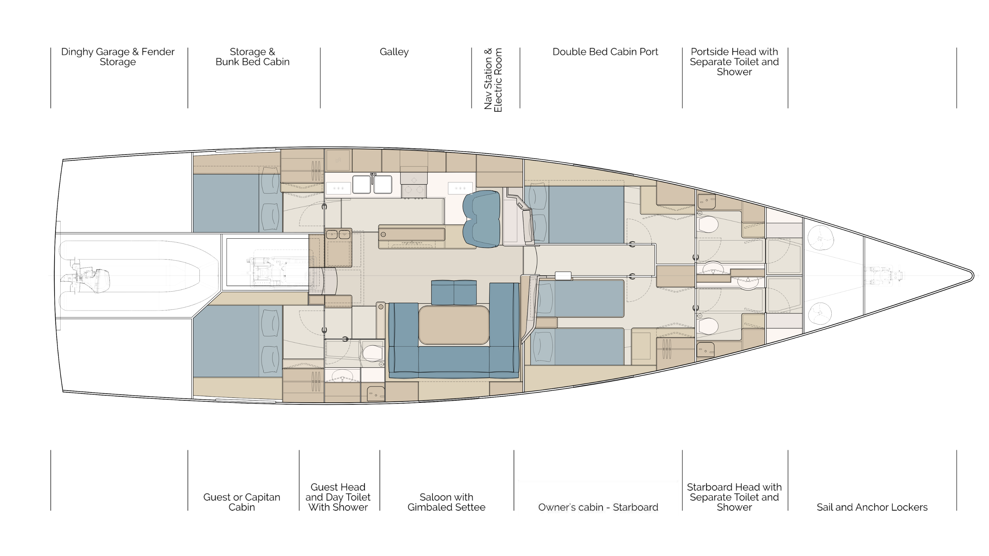 Pegasus 67 layout tloris with double bed cabin port