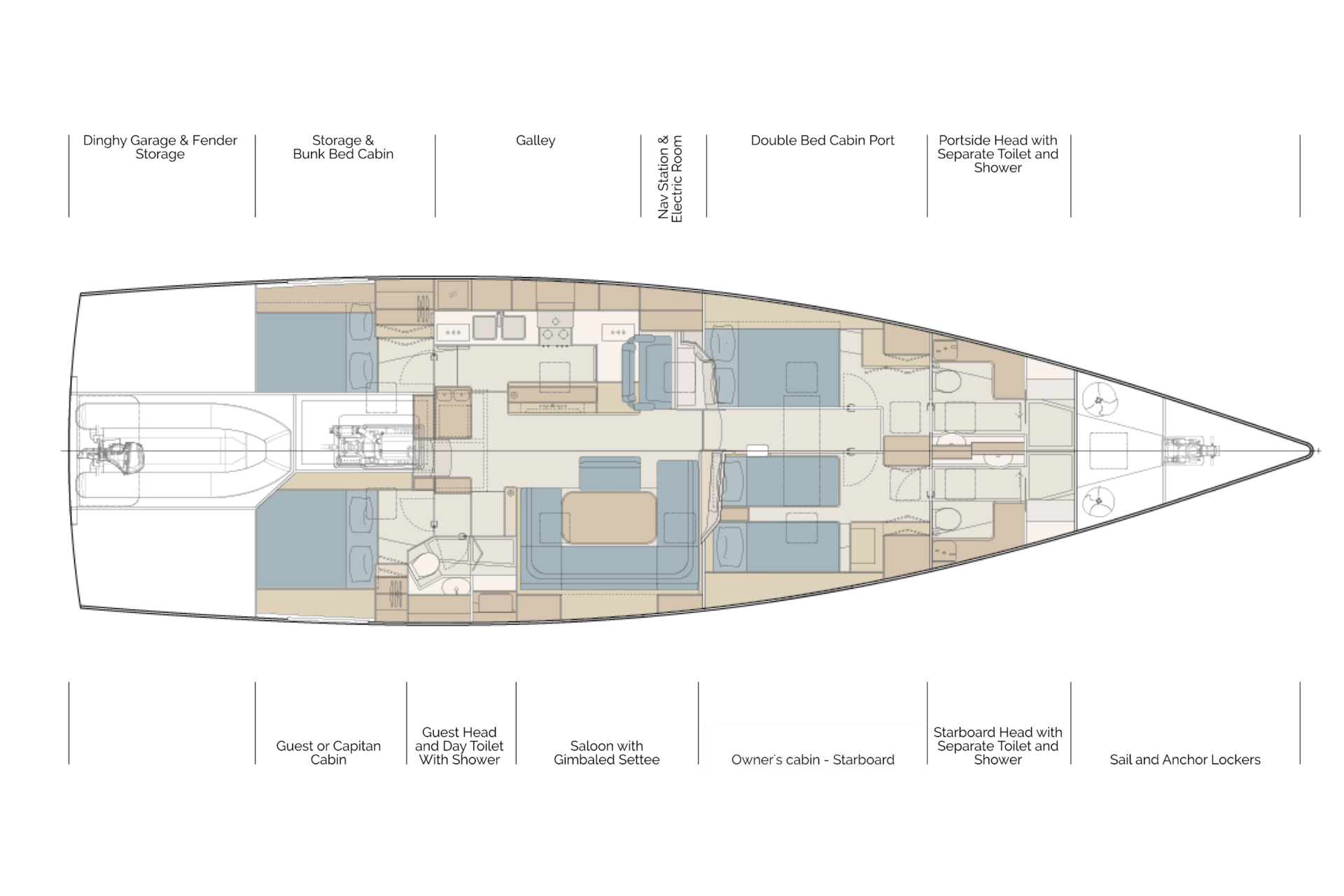 Pegasus 67 layout tloris with double bed cabin port