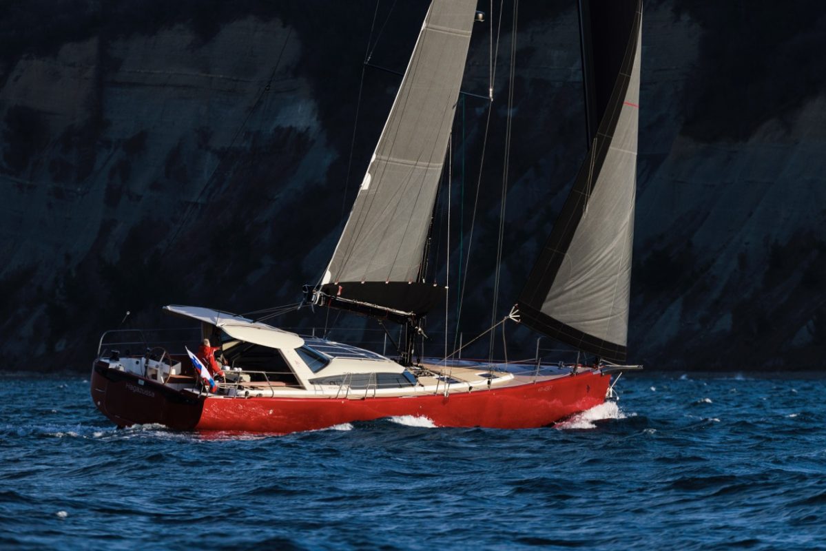 Pegasus Yachts blue water cruiser sailing, red